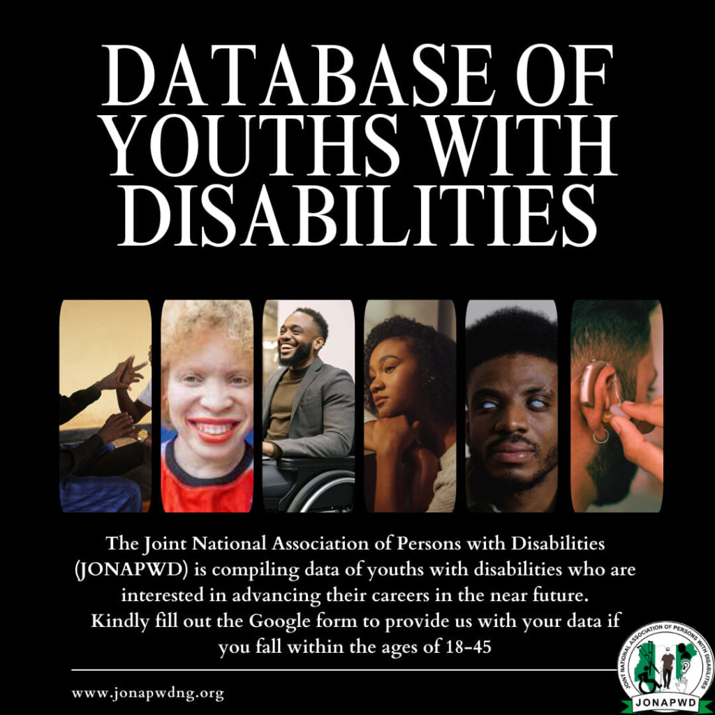 The poster describes a call for data by JONAPWD. The call invites youths with disabilities, within the age of 18-45, and who are also interested in advancing their careers in the near future to share their professional data