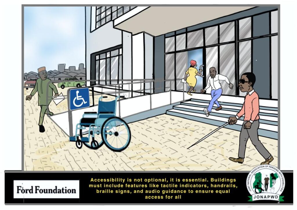 A blind man is seen trying to access a public building entrance with only stairs and no accessibility features, making it difficult, to locate the entrance.