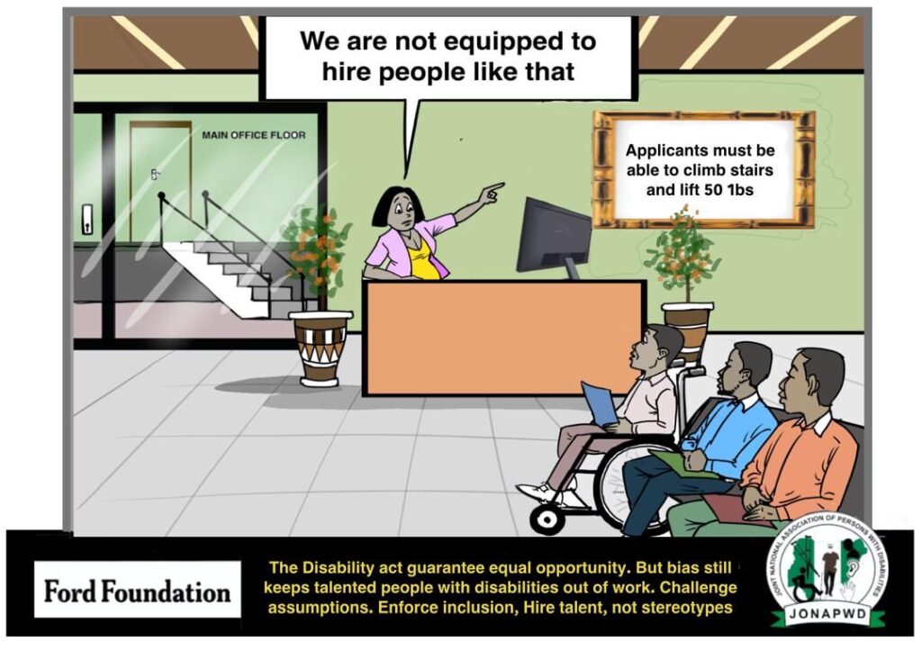 The image shows an office reception area. A receptionist is seen pointing toward a staircase while saying to a wheelchair user, “We are not equipped to hire people like you.” Two other job applicants look on. A sign on the wall reads, “Applicants must be able to climb stairs and lift 50 lbs.