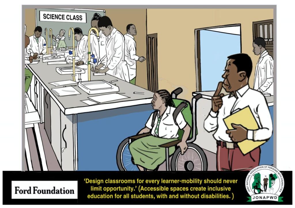 In a science lab where students are engaged in a practical, a female wheelchair user is unable to join her classmates in conducting experiments because the lab is not wheelchair-accessible.