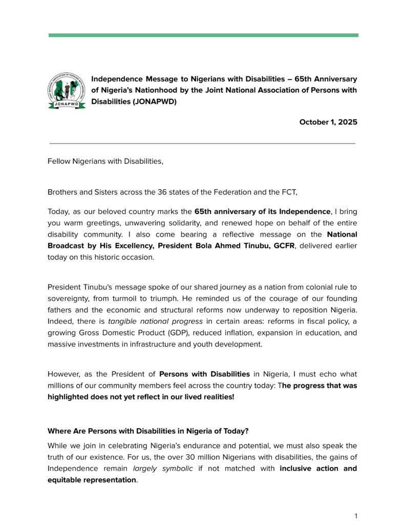 Independence Day Speech by the National President of JONAPWD