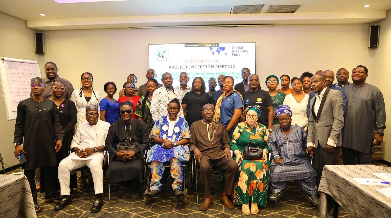 Group photograph of JONAPWD representatives, government officials, Organisations of Persons with Disabilities (OPDs), and other stakeholders at the inception meeting of the project, “Advancing Disability-Inclusive Urban Resilience through Community-Led Innovations and Accessibility Solutions,” supported by the United Nations Global Disability Fund (GDF). The meeting focused on advancing accessible, climate-resilient and inclusive cities through community participation, disability-inclusive data and improved urban planning.
